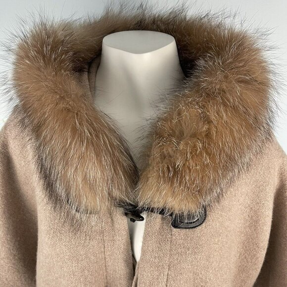 Mitchie's 100%Wool Hooded Poncho Cape Fox Fur Trim Beige Tan Coat - Picture 2 of 16
